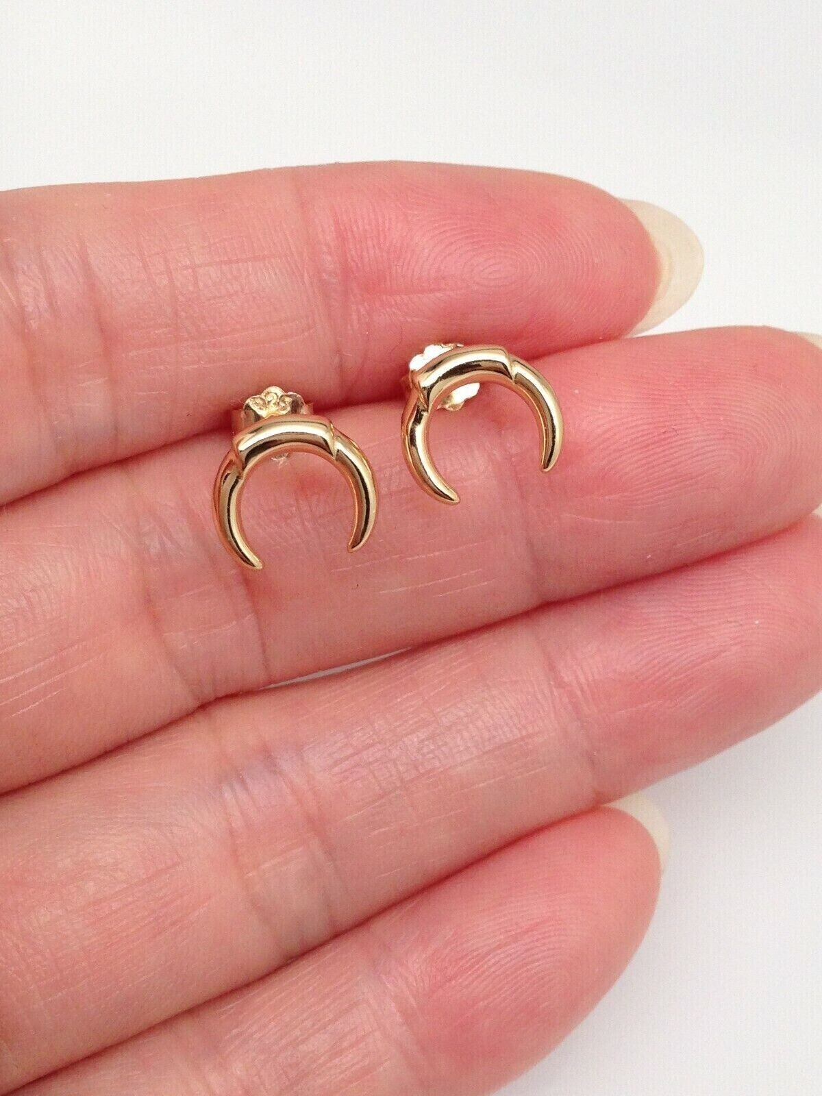 925 Sterling Silver Crescent Moon Horn Stud Earrings Plain Gold 8.8mm Unisex