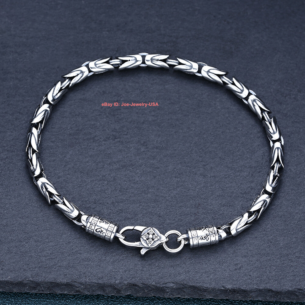 Real 925 Sterling Silver Women Men Bracelet 4mm Round Byzantine Link Chain