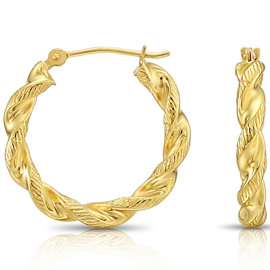 14K Real Solid Yellow Gold Twisted Rope Diamond-Cut Round Chunky Hoop Earrings