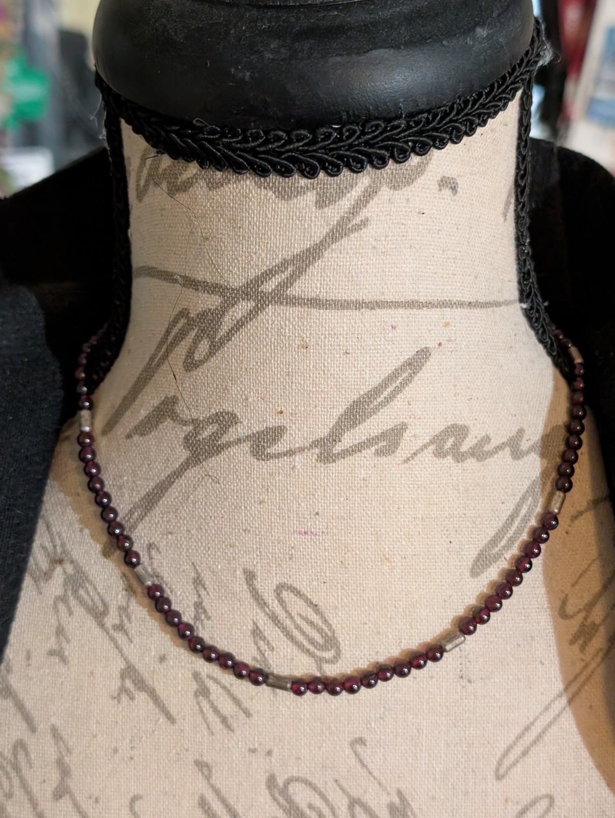 Garnet Beads with Silver Spacers Necklace 16″ Sterling Silver Clasp