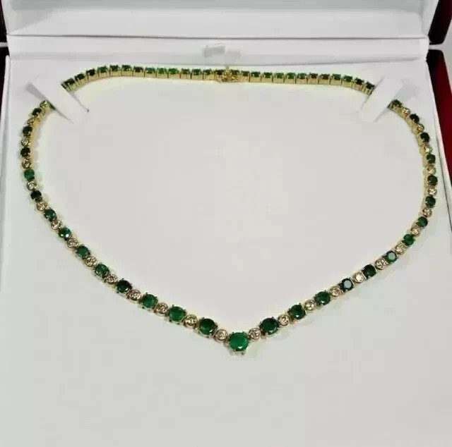 10Ct Round Cut Lab Created Emerald Women Tennis Necklace 14K Yellow Gold Finish