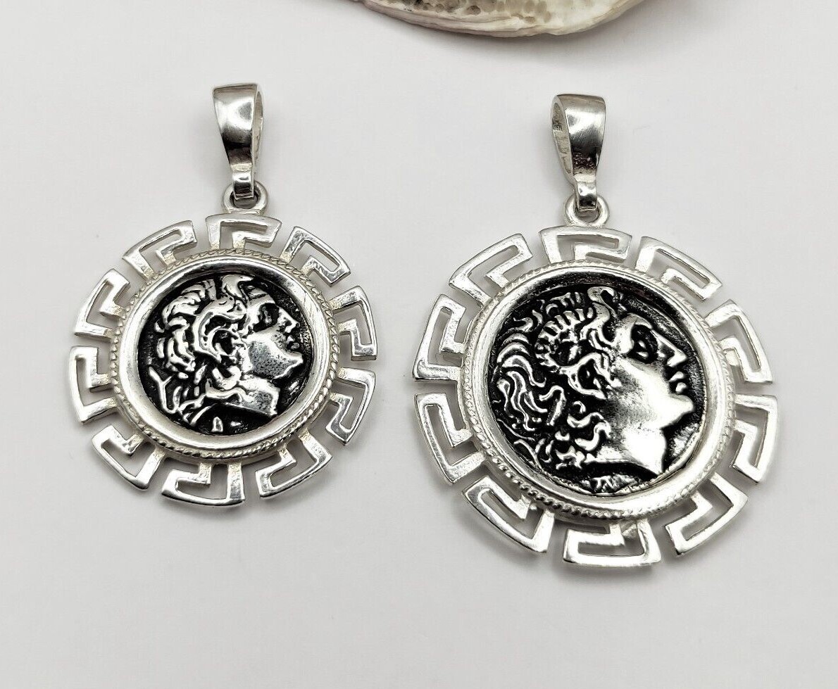 Alexander the Great Coin Sterling Silver 925 Pendant with Greek Key Meander