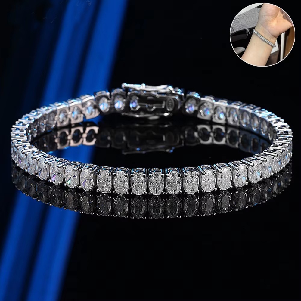 Oval Cut Moissanite Tennis Bracelet 925 Sterling Silver Men Women Chain Hip Hop
