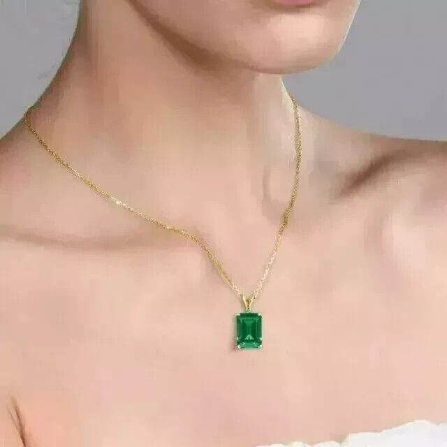 14K Yellow Gold Plated Natural Green Emerald 5Ct Emerald Cut Solitaire Pendant