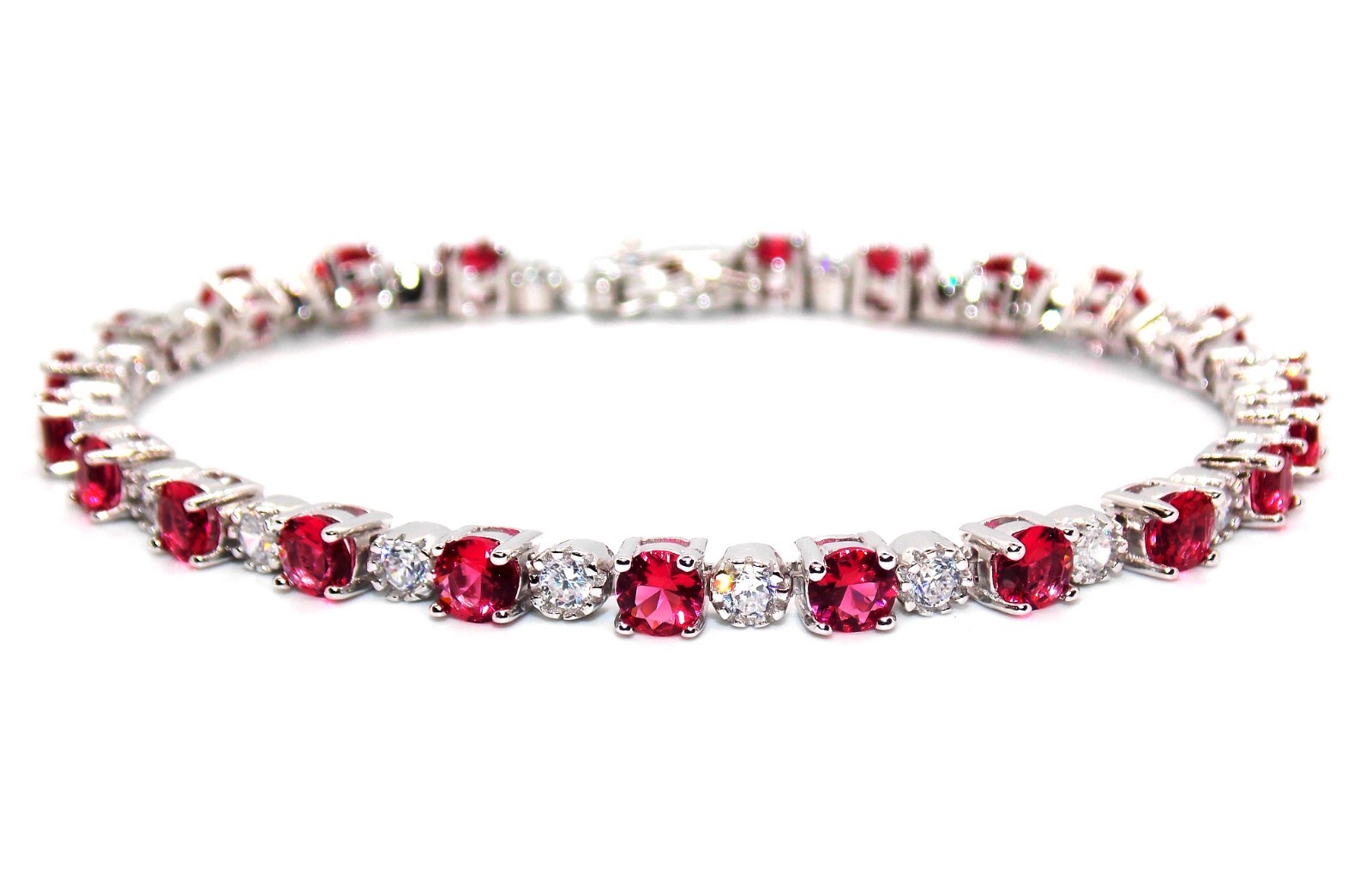 Silver Ruby & Diamond 8.14ct Round Cut Tennis Bracele (Free Gift Box)