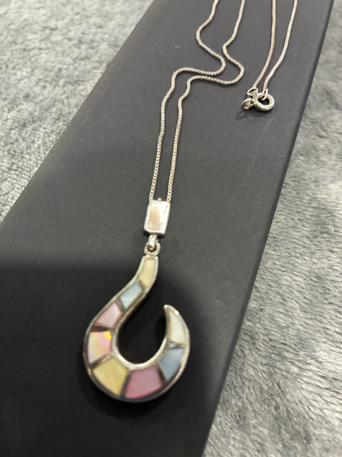 Sterling Silver 925 Horseshoe Multicolor Inlay Charm Pendant Box Chain Signed