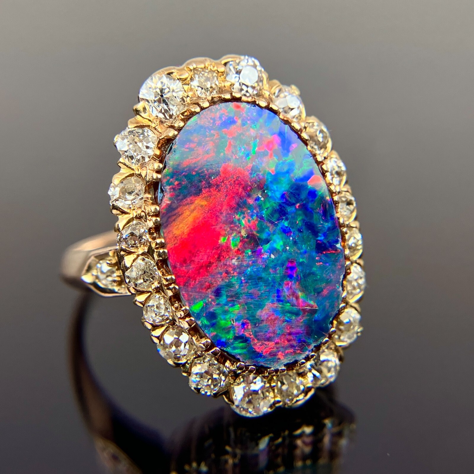 Antique 12k Old European-Cut Diamond & Black Opal Halo Yellow Gold Ring Sz 5.75