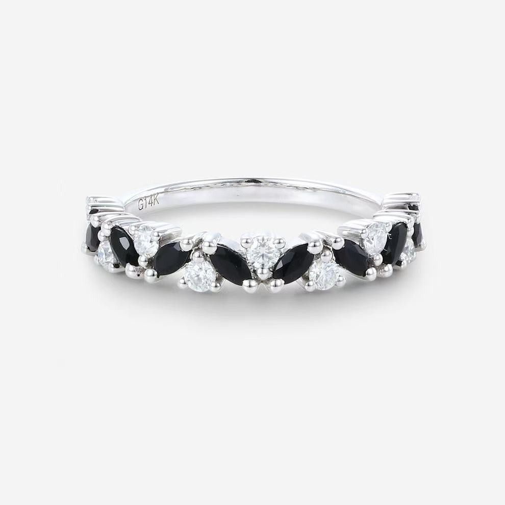 Marquise Black Onyx or Round Moissanite Band Ring 925 White Gold Ring for Women