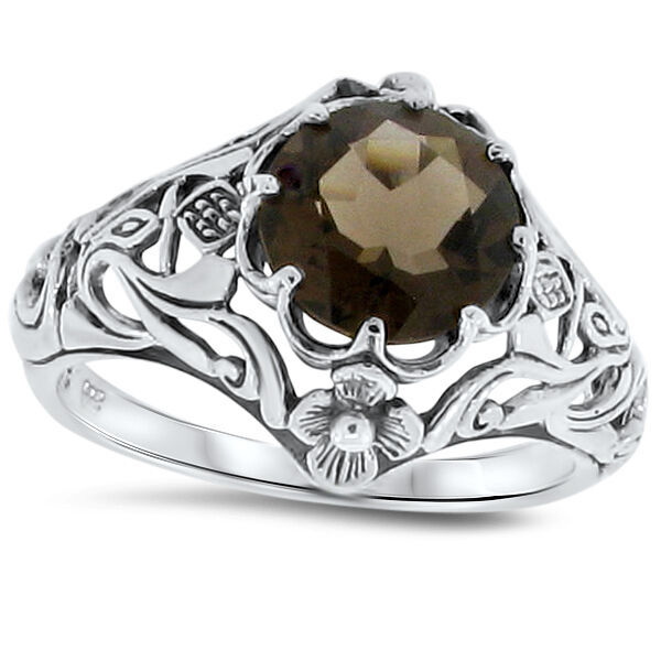 SCOTTISH THISTLE NOUVEAU GENUINE SMOKY QUARTZ 925 STERLING SILVER RING #099