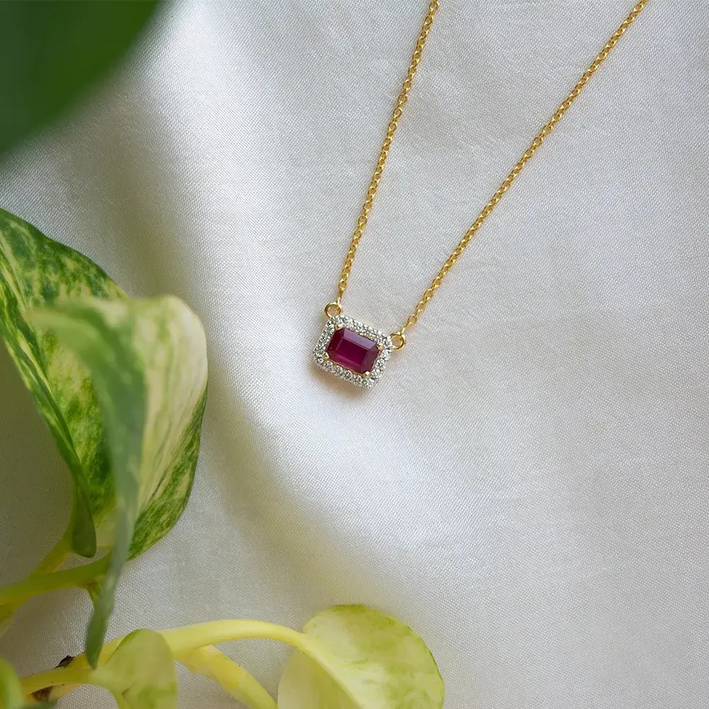 Natural Ruby Diamond Pendant with Chain 14K Yellow Gold