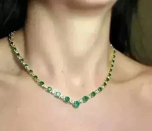 10Ct Round Cut Lab Created Emerald Women Tennis Necklace 14K Yellow Gold Finish
