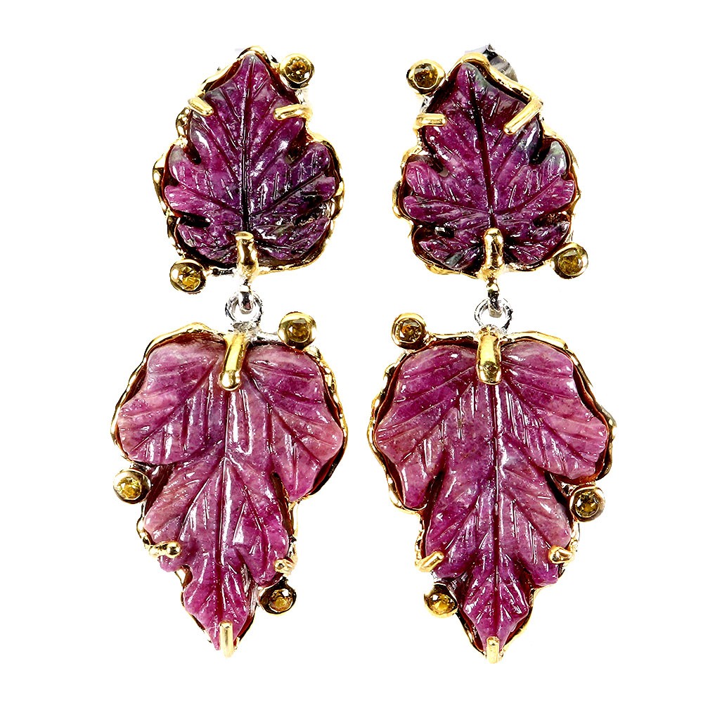 925 Sterling Silver Earrings Leaf Carved Ruby 24x17mm Sapphire Handmade Gemstone