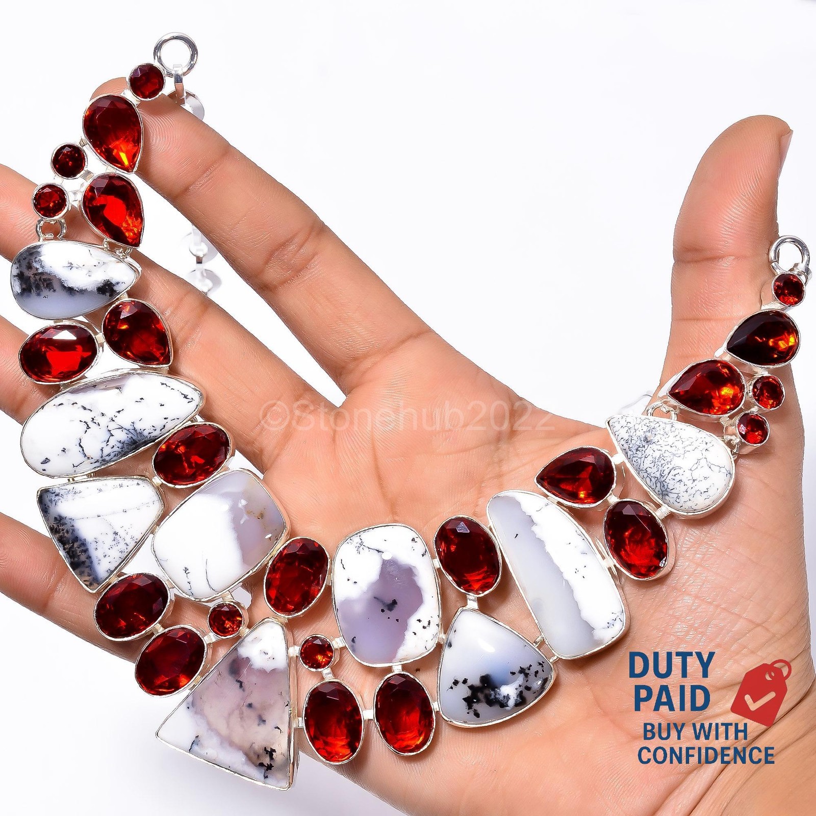 Sterling Silver Triangle Genuine Dendrite Opal Garnet Chain Channel Set Necklace