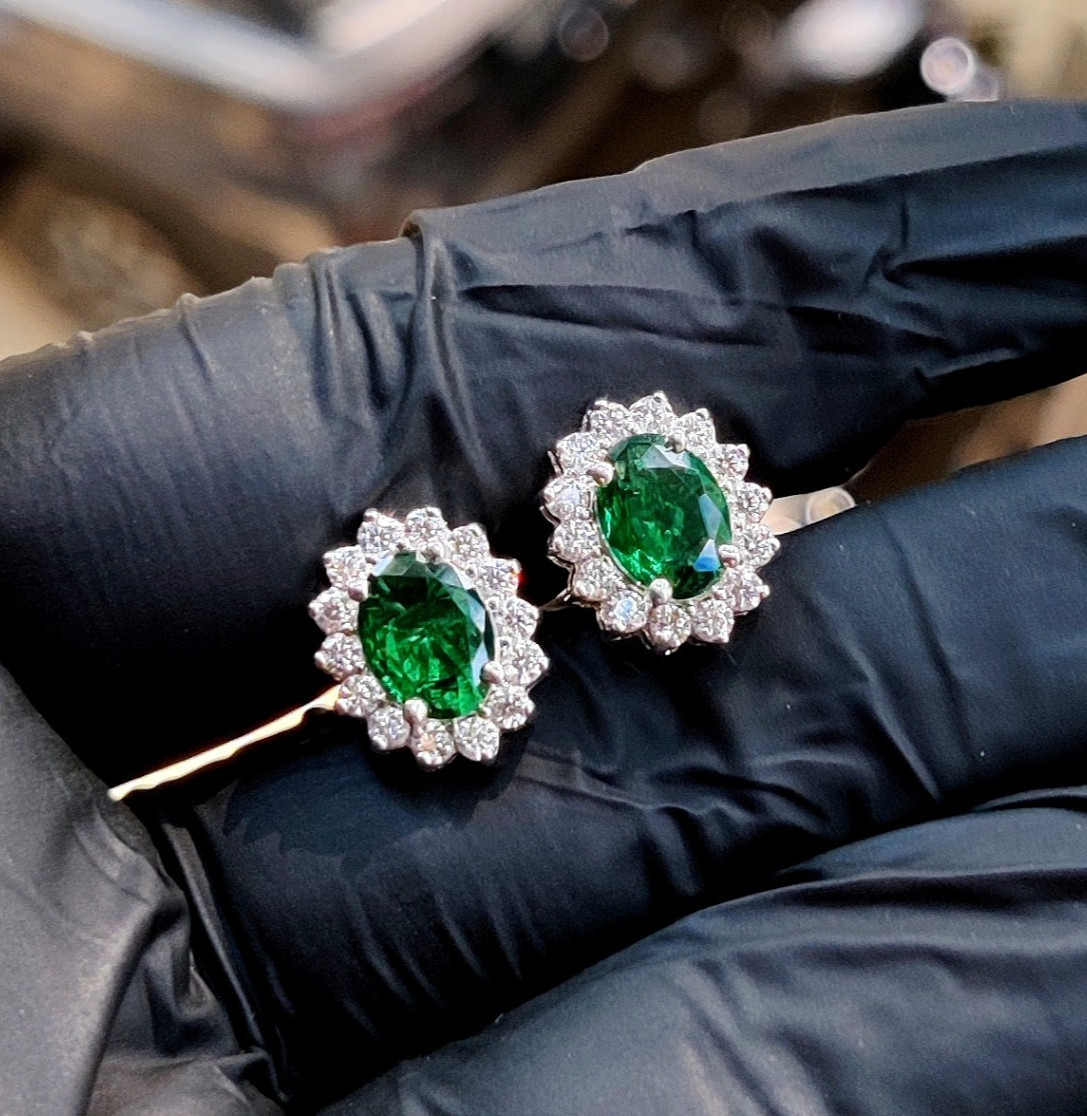 1.40Ct Oval Cut Lab Created Green Emerald Stud Earrings 14K White Gold Plated