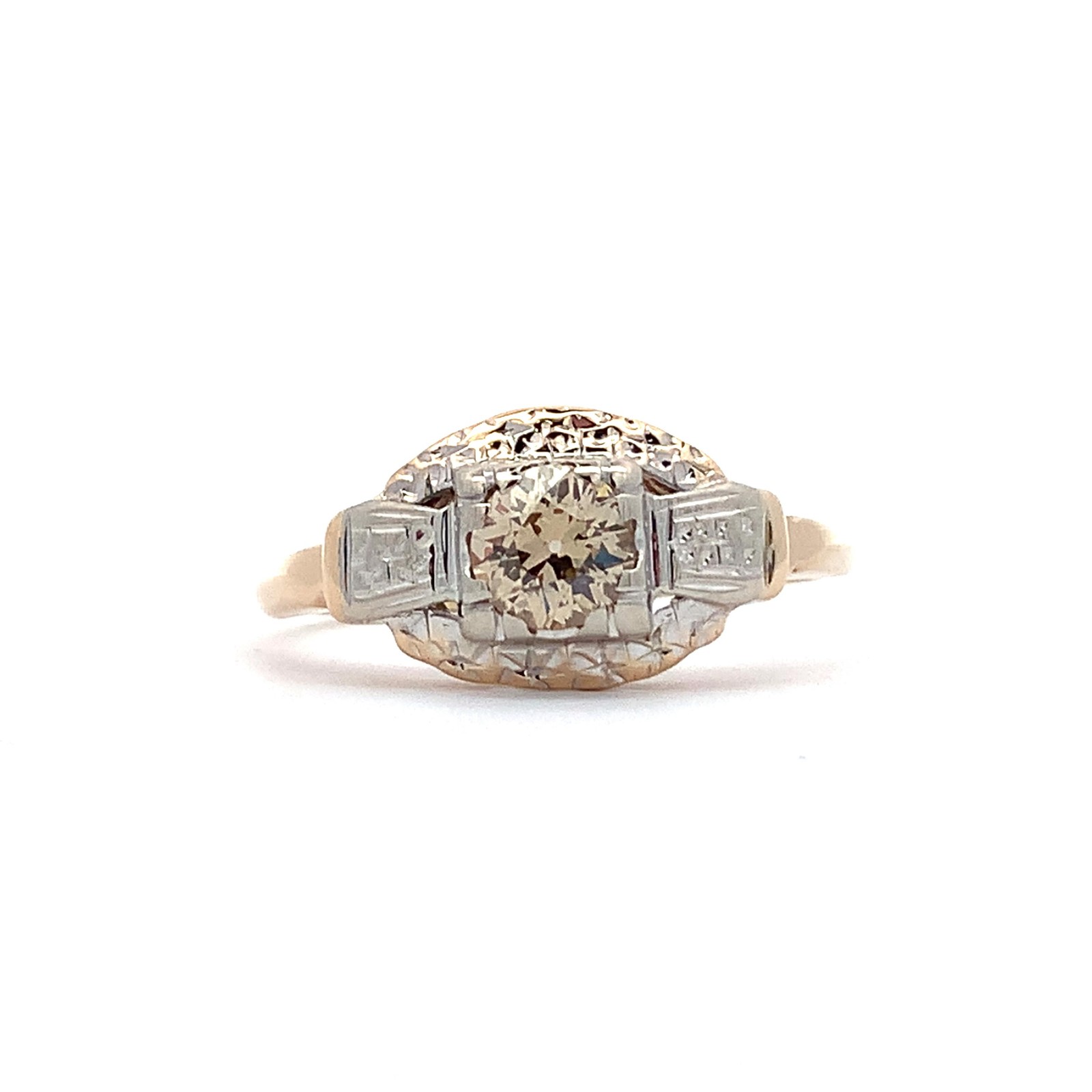 Vintage 14K 2-Tone Gold Art Deco Old Euro Brown Diamond Buttercup Solitaire Ring