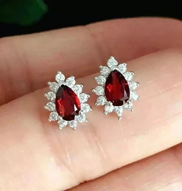 4.00Ct Pear Cut Natural Red Ruby &Diamond 14K White Gold stud Earring