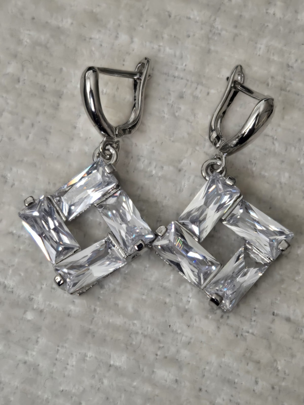 Womens Sparkly Sterling Silver White Crystal Square Dangle Earrings UK Seller
