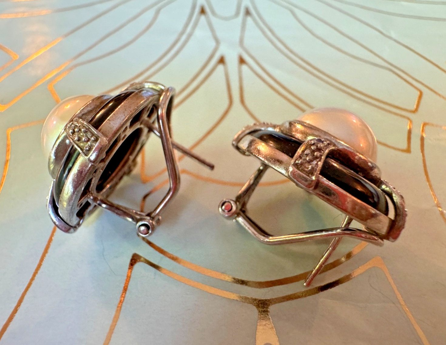 VTG Sterling Silver Pearl Earrings 925 Onyx Diamond Omega Back Classic Old Money