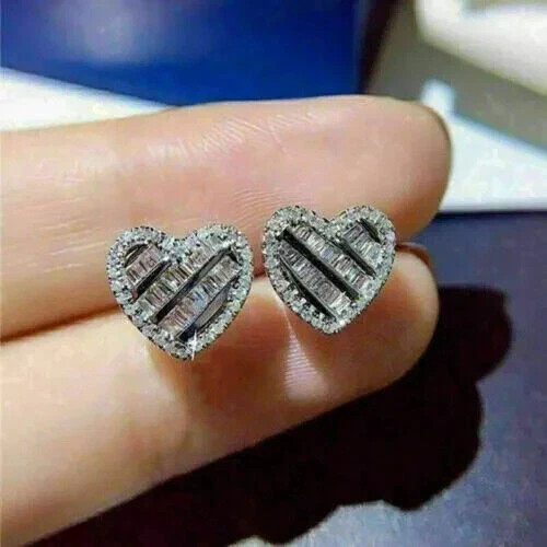 2 Ct Baguette Cut & Round Moissanite Heart Stud Earrings 14K White Gold Plated