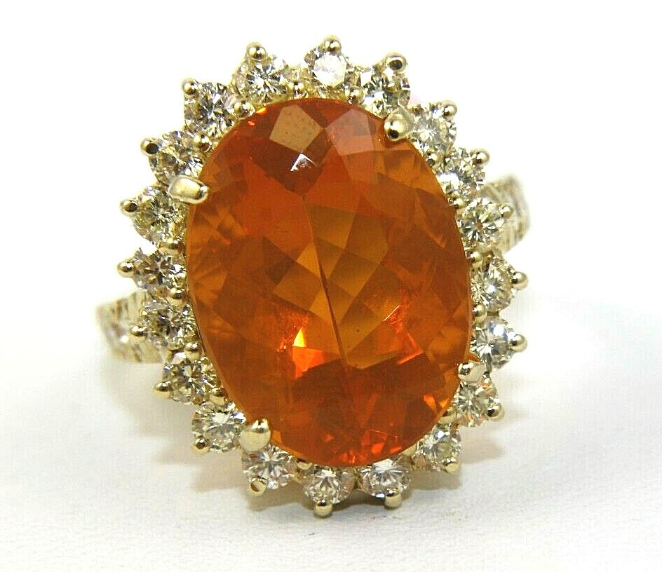 Natural Oval Mexican Fire Opal & Diamond Halo Lady’s Ring 14K Yellow Gold 7.95Ct