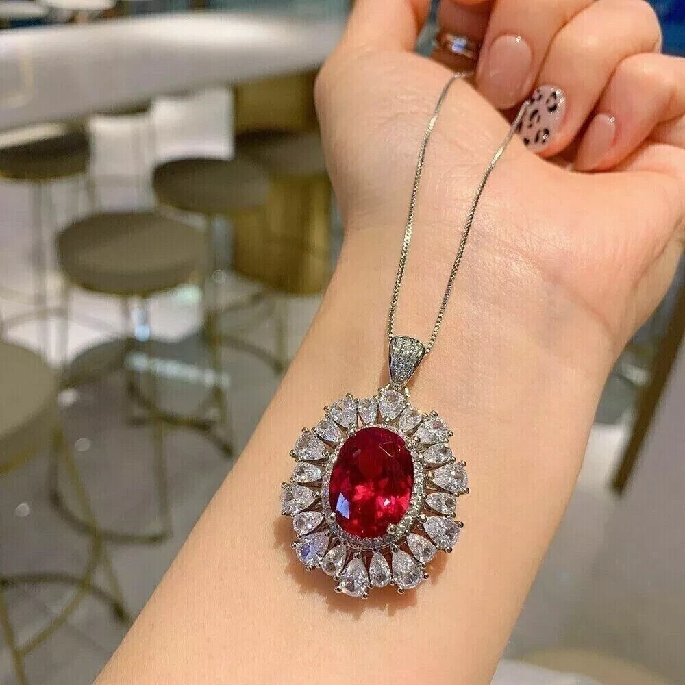 2.50Ct Oval Cut Lab Created Red Ruby Halo Pendant 14k White Gold Plated Silver