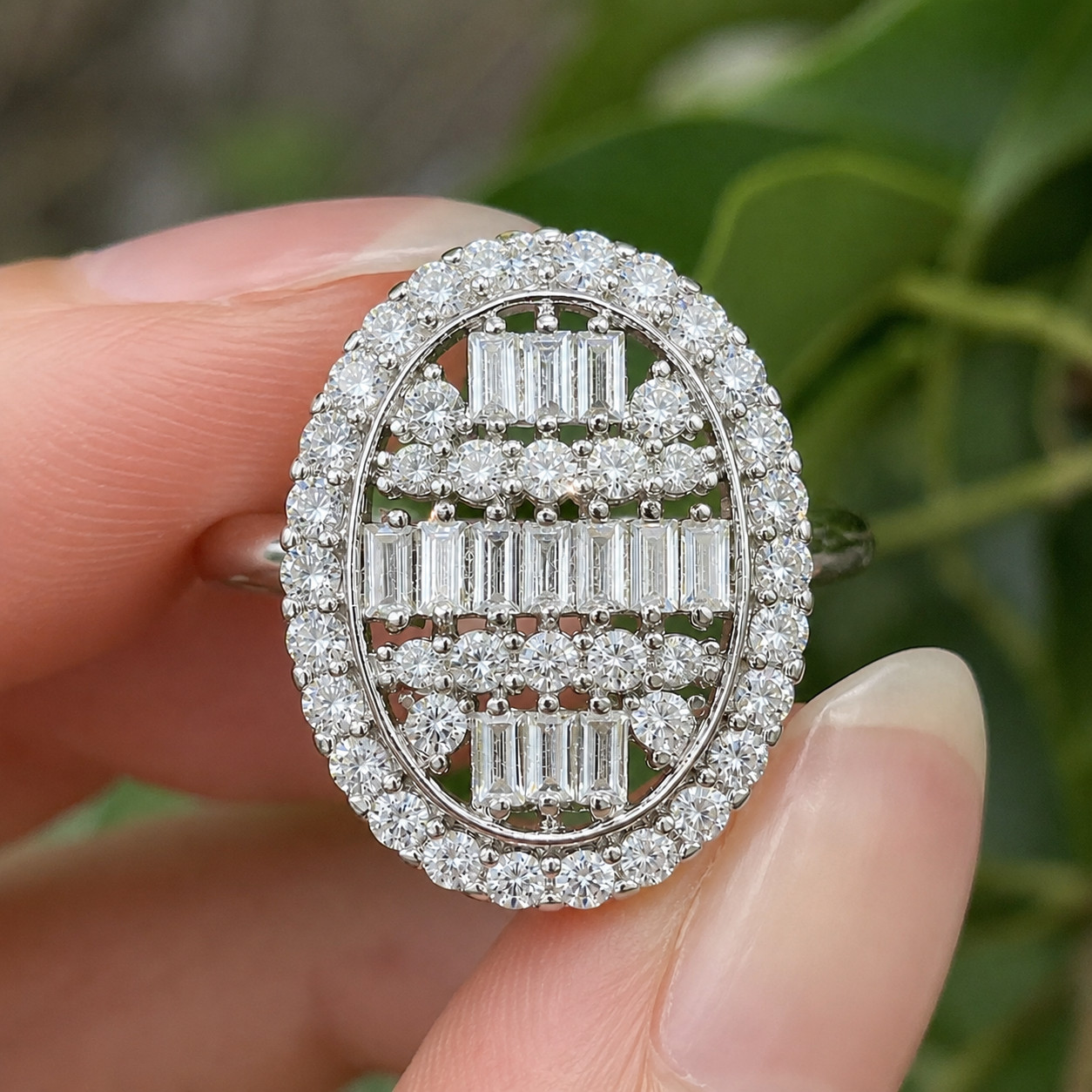 1.50Ct Round Natural Moissanite Cluster Engagement Ring 14K White Gold Plated