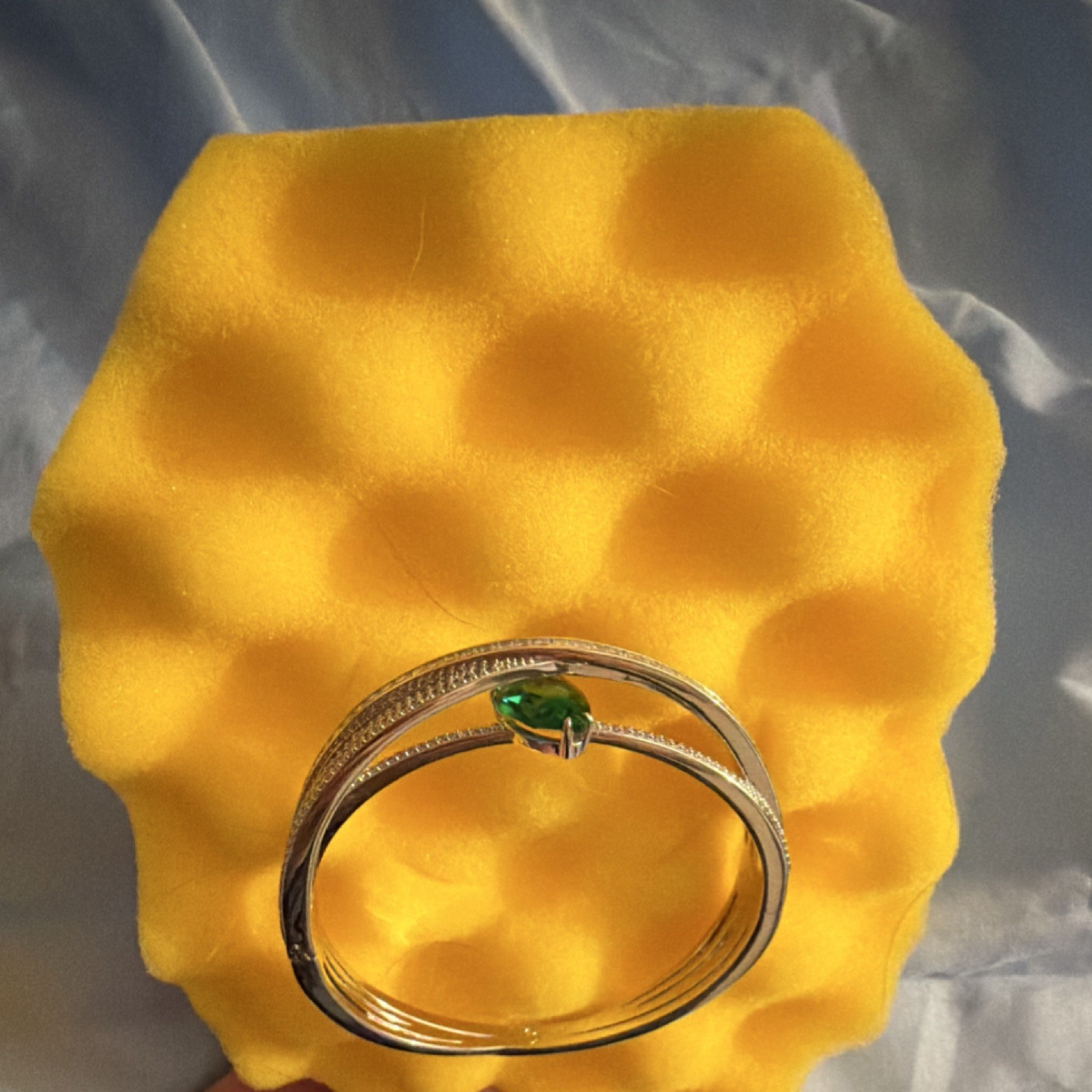 Swarovski Silver Bangle Bracelet Green Round Stone Push Lock Signed