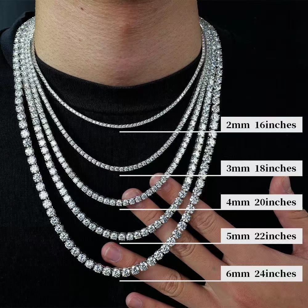 3-6.5mm Moissanite Tennis Necklace 925 Sterling Silver Hiphop Necklace Men Women