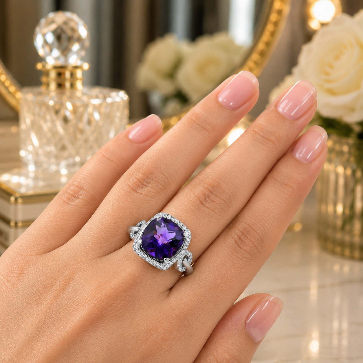 3.50 Ct Cushion Cut Natural Amethyst & Diamond Solid 14K White Gold Promise Ring