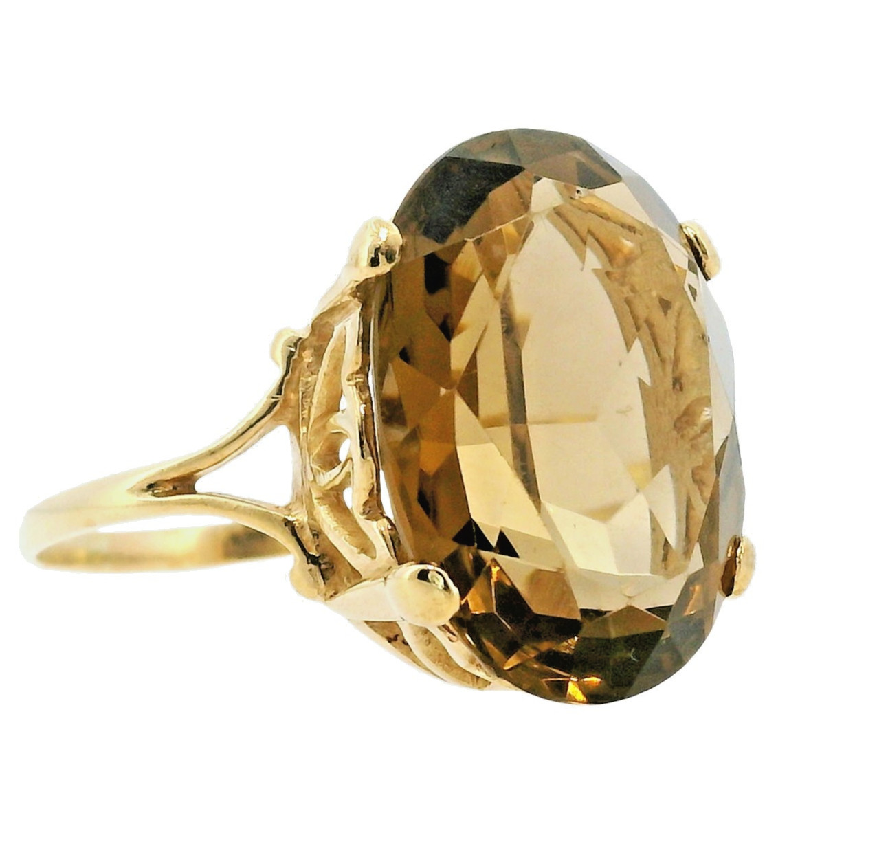 9ct Yellow Gold 15.50ct Smoky Quartz Ring Oval Mid Brown Eye Clean 6.73g