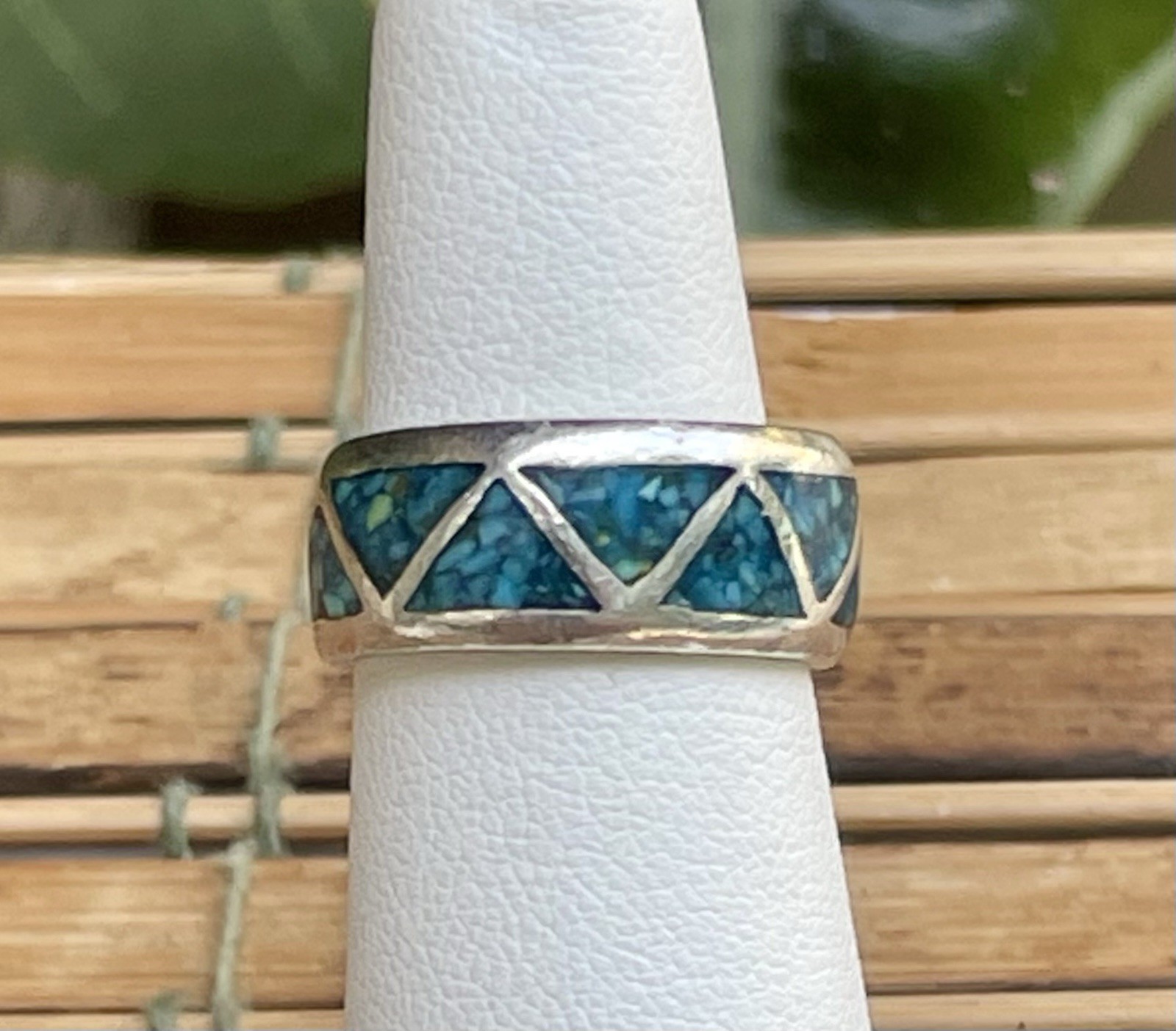 Denim Band Turquoise Pinky Ring Crushed Inlaid Native American Sterling Sz 4.75