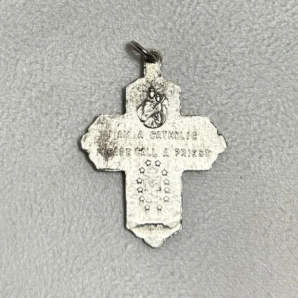 Sterling Silver 4 Panel Cross Catholic Pendant with Patina Vintage Unsigned