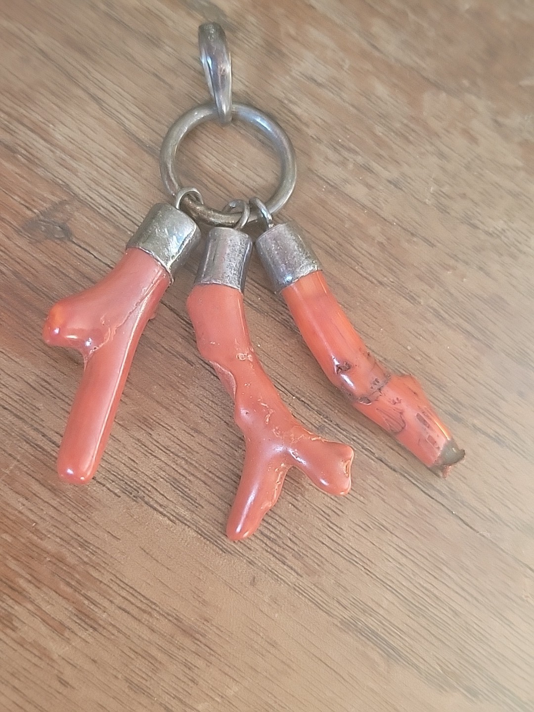 Vintage Sterling Silver & 3 Natural Red Mediterranean Coral Branches Pendant