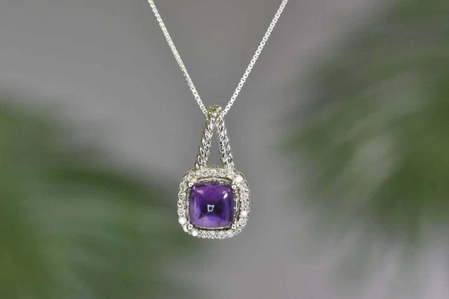 2.50Ct Cushion Cut Amethyst Halo Pendant 18″ Free Chain 14K White Gold Plated