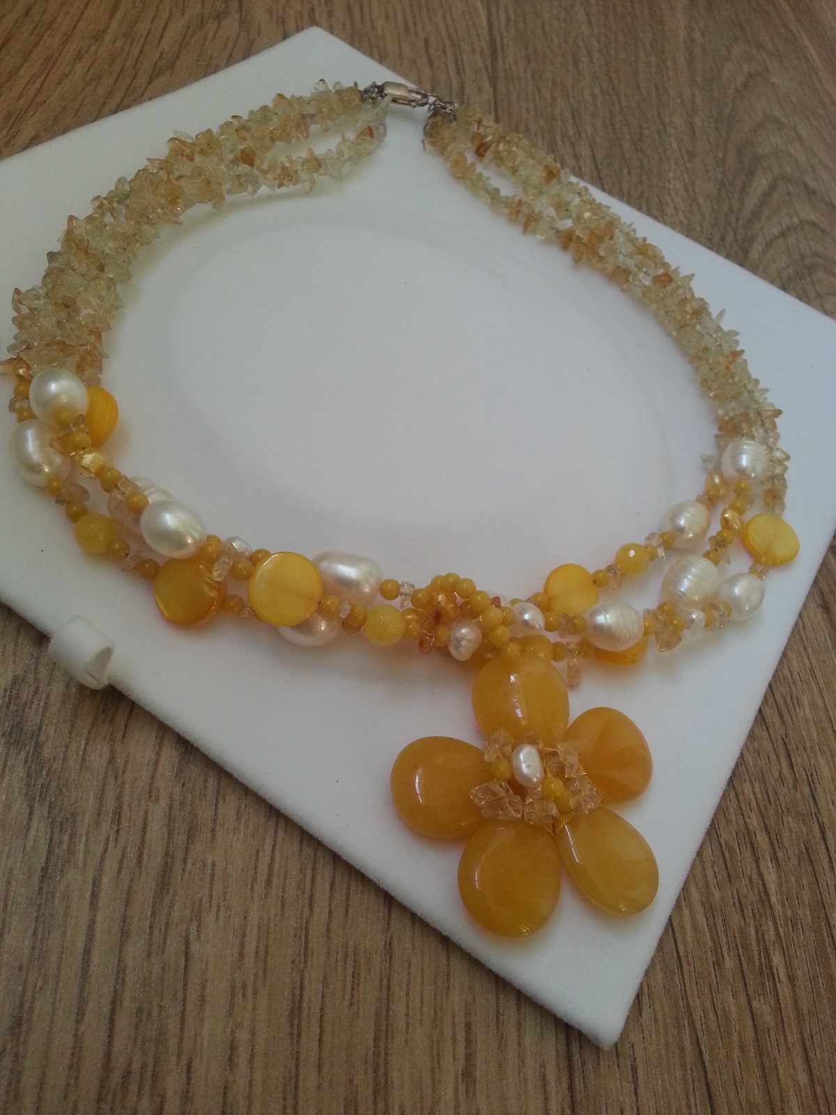 Egg Yolk Yellow Or Coral Coloured Flower Pendant & Freshwater Pearl Necklace