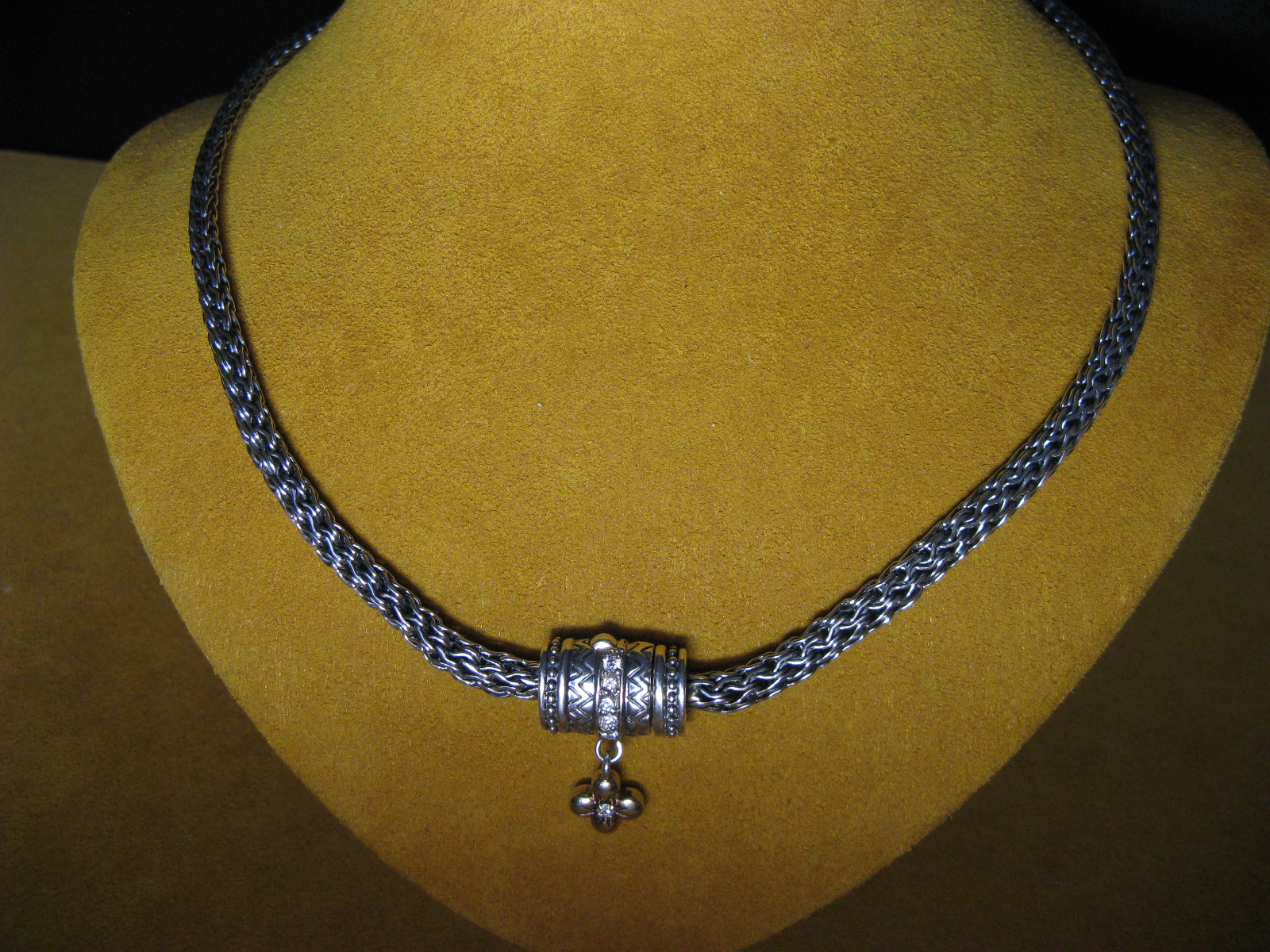 CHAIN NECKLACE BARBARA BIXBY FLOWER DIAMOND SS 18K COUTURE MESH 16″ BYZANTINE ss