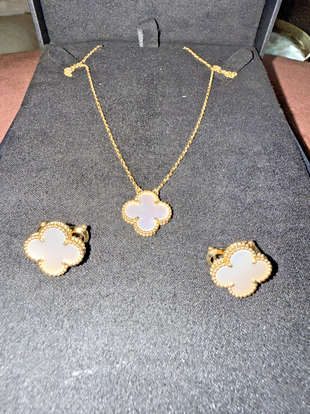 Mother of Pearl Clover Necklace & Matching Earrings Gold Tone Alhambra Style Set