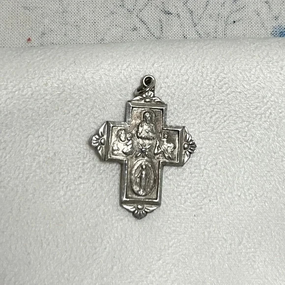 Sterling Silver 4 Panel Cross Catholic Pendant with Patina Vintage Unsigned