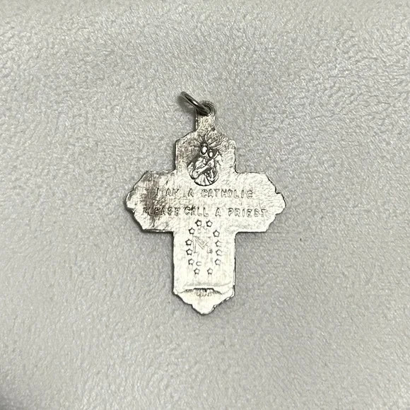 Sterling Silver 4 Panel Cross Catholic Pendant with Patina Vintage Unsigned