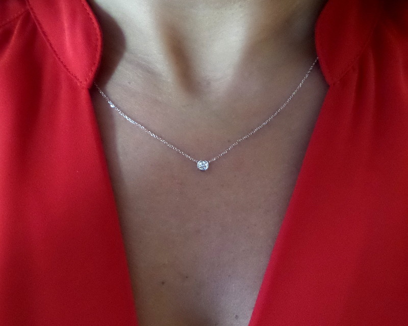 DIAMOND SOLITAIRE BEZEL SET NECKLACE 14K WHITE GOLD 0.10 CT SI1 Clarity G COLOR