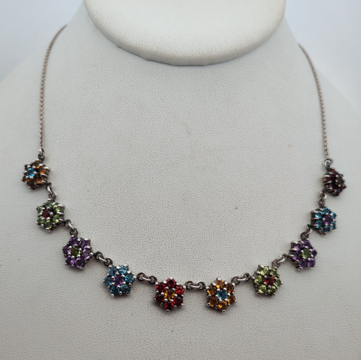Designer “CPT” Sterling Silver Multi Rainbow Gem Necklace Flower Design