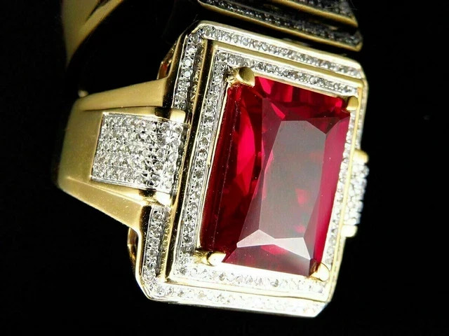 4Ct Emerald Cut Lab Created Red Ruby Men’s Halo Ring In 14K Yellow Gold Plated